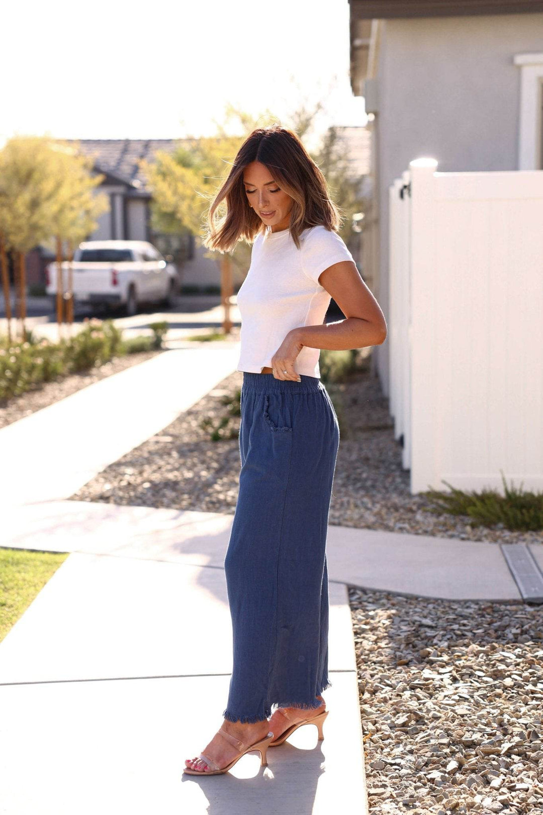Slate Blue Frayed Linen Wide Leg Pants - FINAL SALE - One Revolver Surfboards