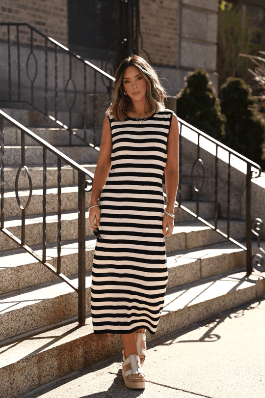 Sleeveless Black and Beige Striped Midi Dress - FINAL SALE - One Revolver Surfboards