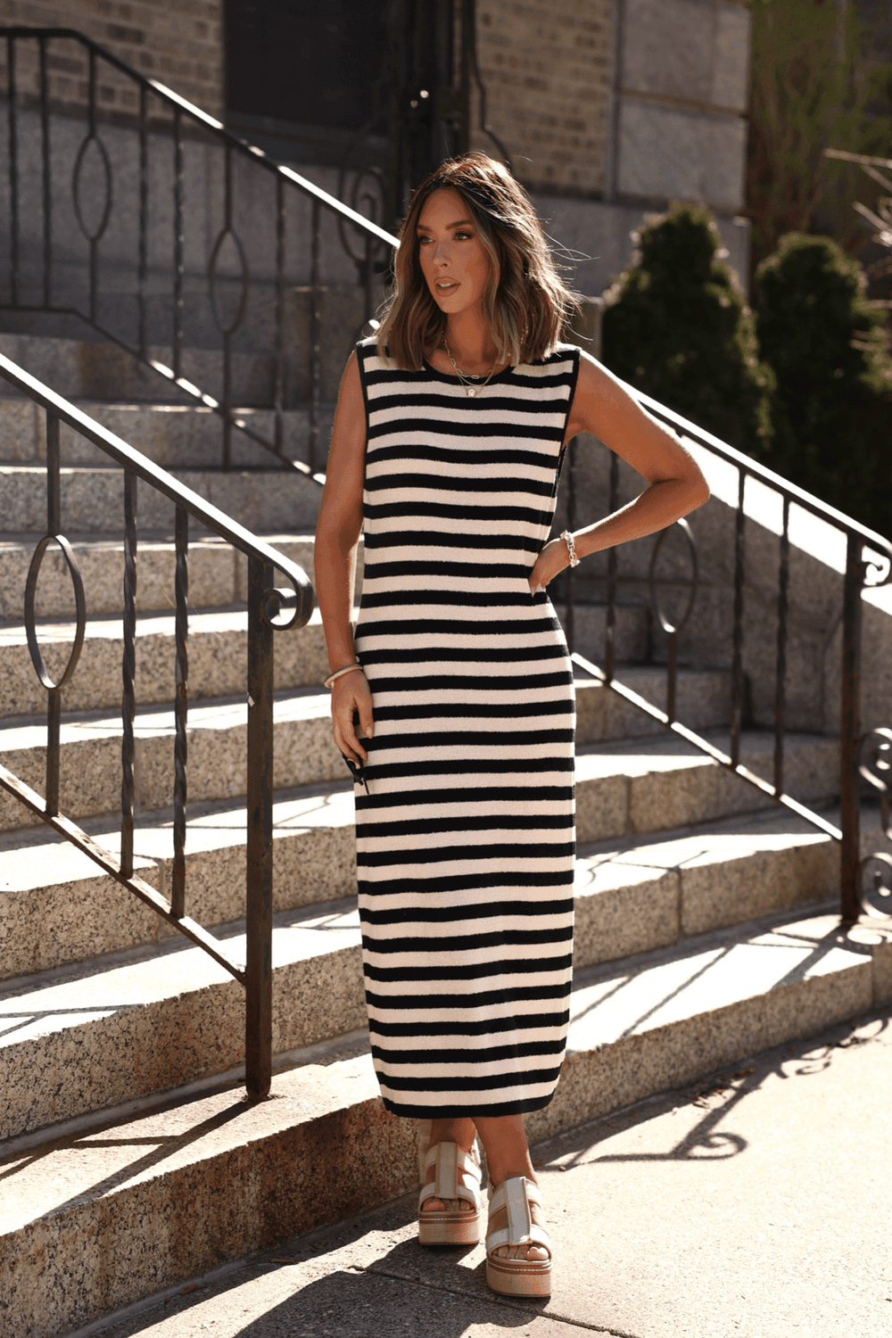 Sleeveless Black and Beige Striped Midi Dress - FINAL SALE - One Revolver Surfboards