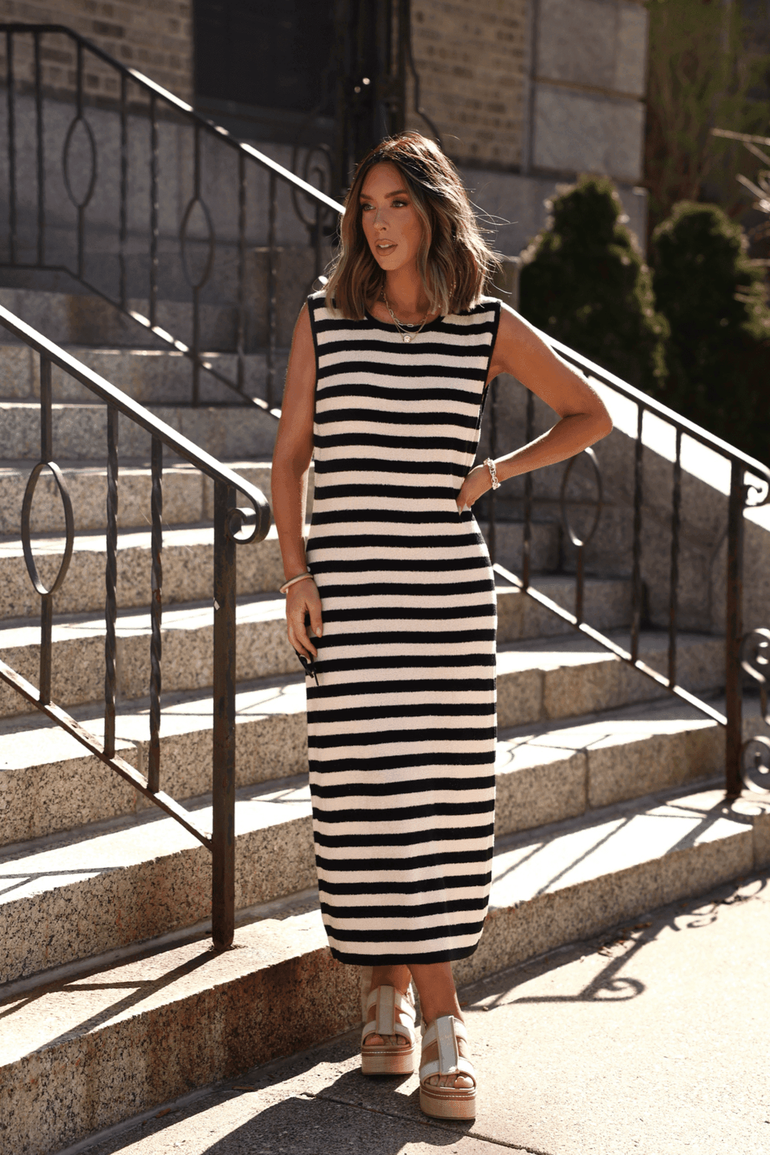 Sleeveless Black and Beige Striped Midi Dress - FINAL SALE - One Revolver Surfboards