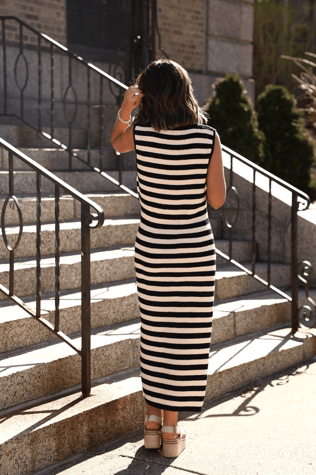 Sleeveless Black and Beige Striped Midi Dress - FINAL SALE - One Revolver Surfboards
