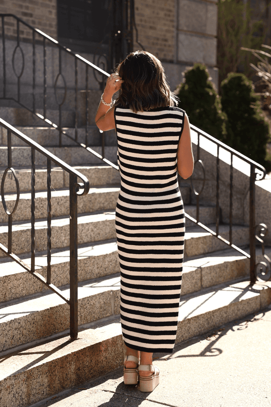 Sleeveless Black and Beige Striped Midi Dress - FINAL SALE - One Revolver Surfboards