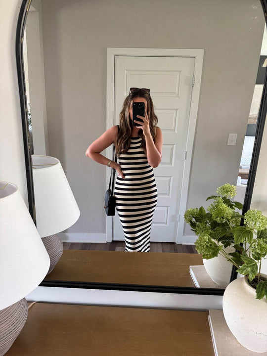 Sleeveless Black and Beige Striped Midi Dress - FINAL SALE - One Revolver Surfboards