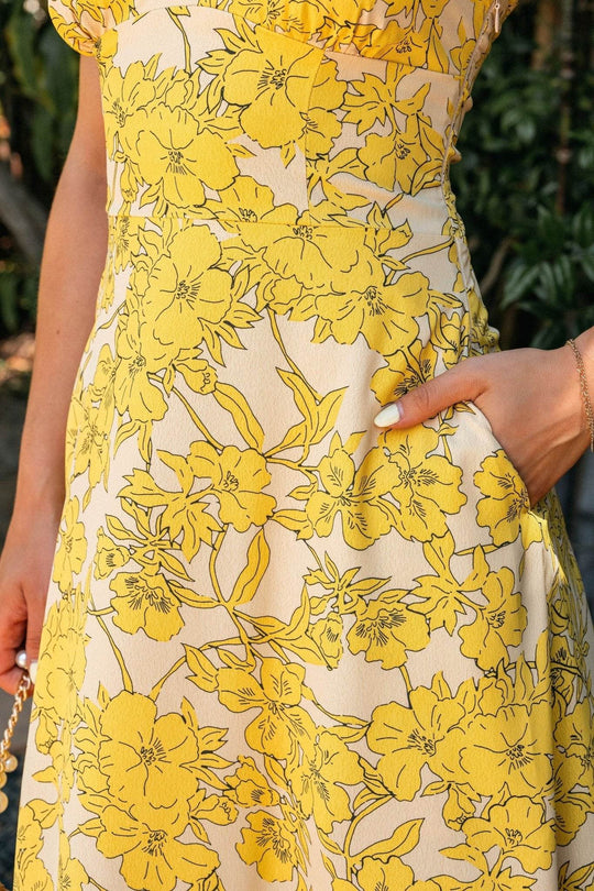 Sunset Yellow Floral Strapless Midi Dress - DOORBUSTER - One Revolver Surfboards