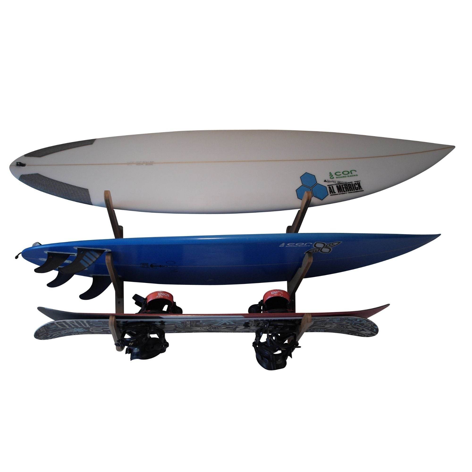 Triple Surfboard Wall Rack | Bamboo Rack Perfect for Surf, Wakeboards, Snowboards, Skateboards - One Revolver Surfboards