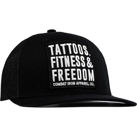 Tattoos, Fitness, & Freedom Black Patch Mid-Profile Mesh Snapback Hat - One Revolver Surfboards