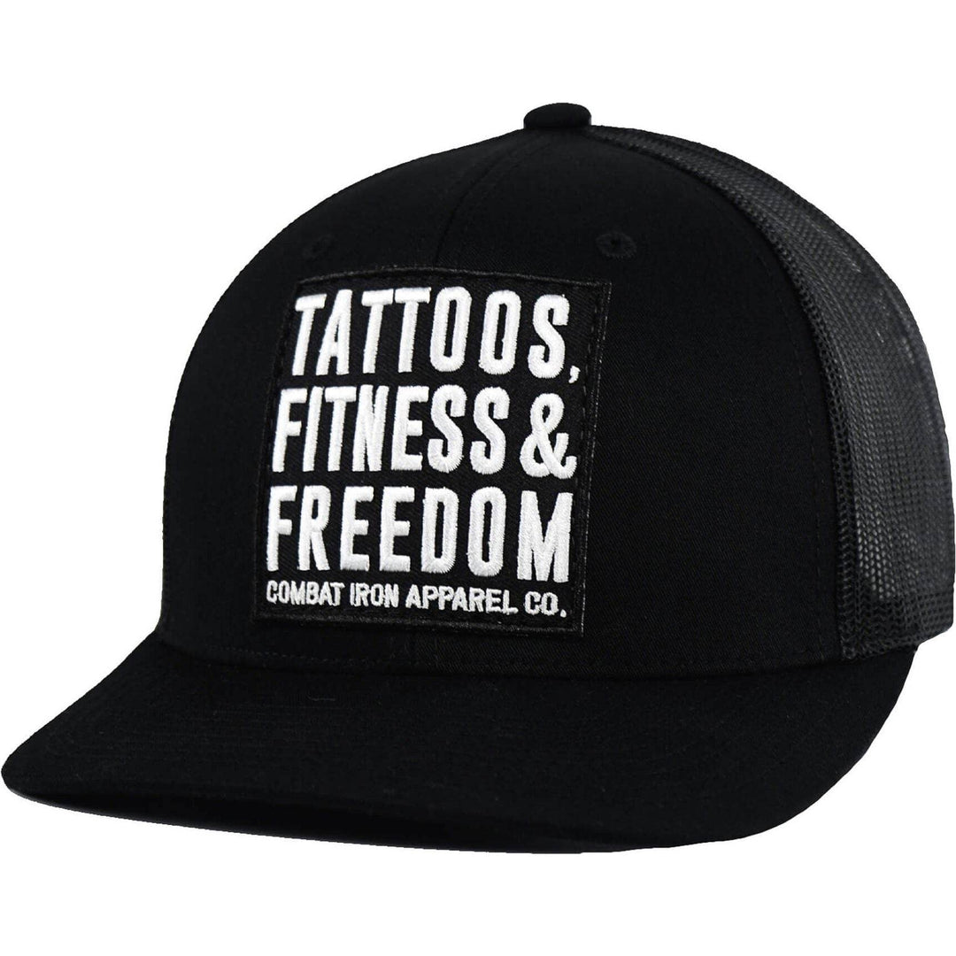 Tattoos, Fitness, & Freedom Black Patch Mid-Profile Mesh Snapback Hat - One Revolver Surfboards