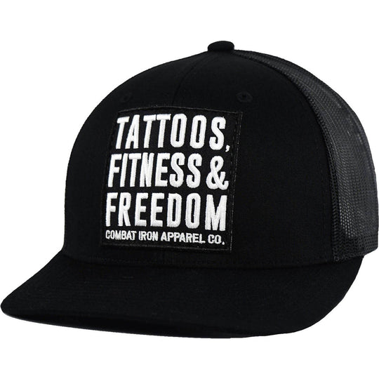 Tattoos, Fitness, & Freedom Black Patch Mid-Profile Mesh Snapback Hat - One Revolver Surfboards