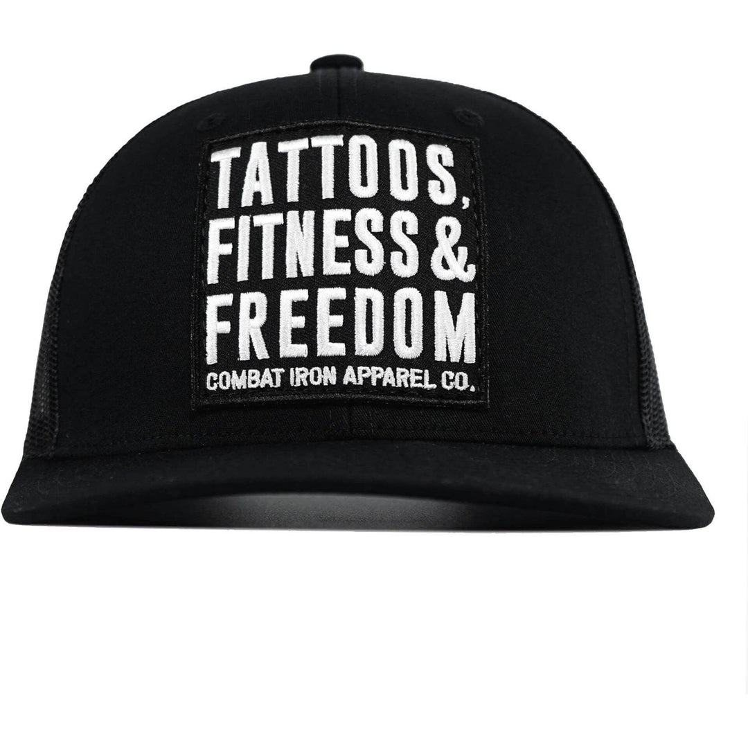 Tattoos, Fitness, & Freedom Black Patch Mid-Profile Mesh Snapback Hat - One Revolver Surfboards