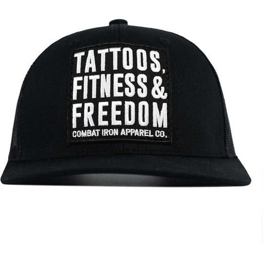 Tattoos, Fitness, & Freedom Black Patch Mid-Profile Mesh Snapback Hat - One Revolver Surfboards