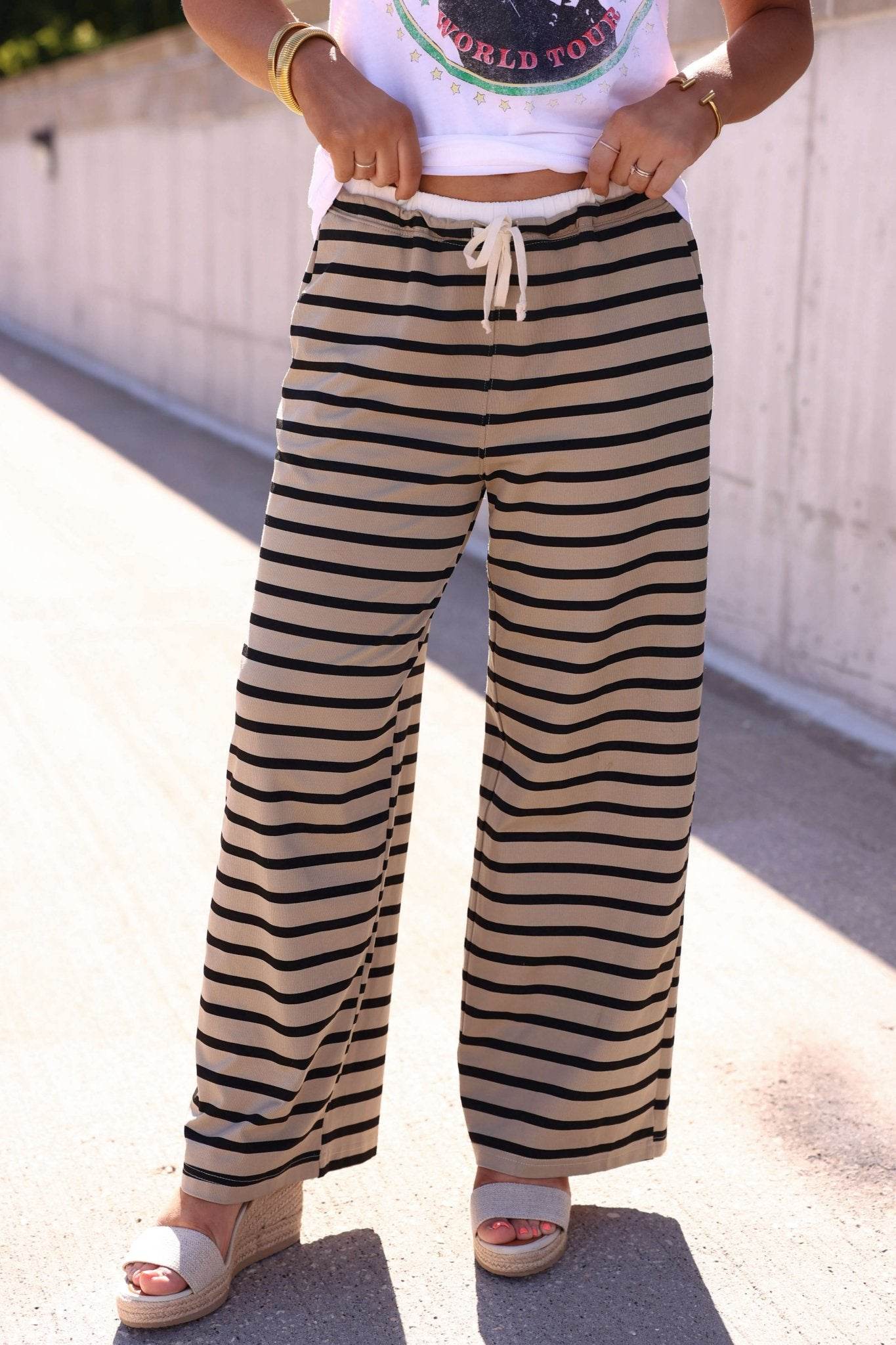 Taupe and Black Striped Drawstring Pants - FINAL SALE - One Revolver Surfboards