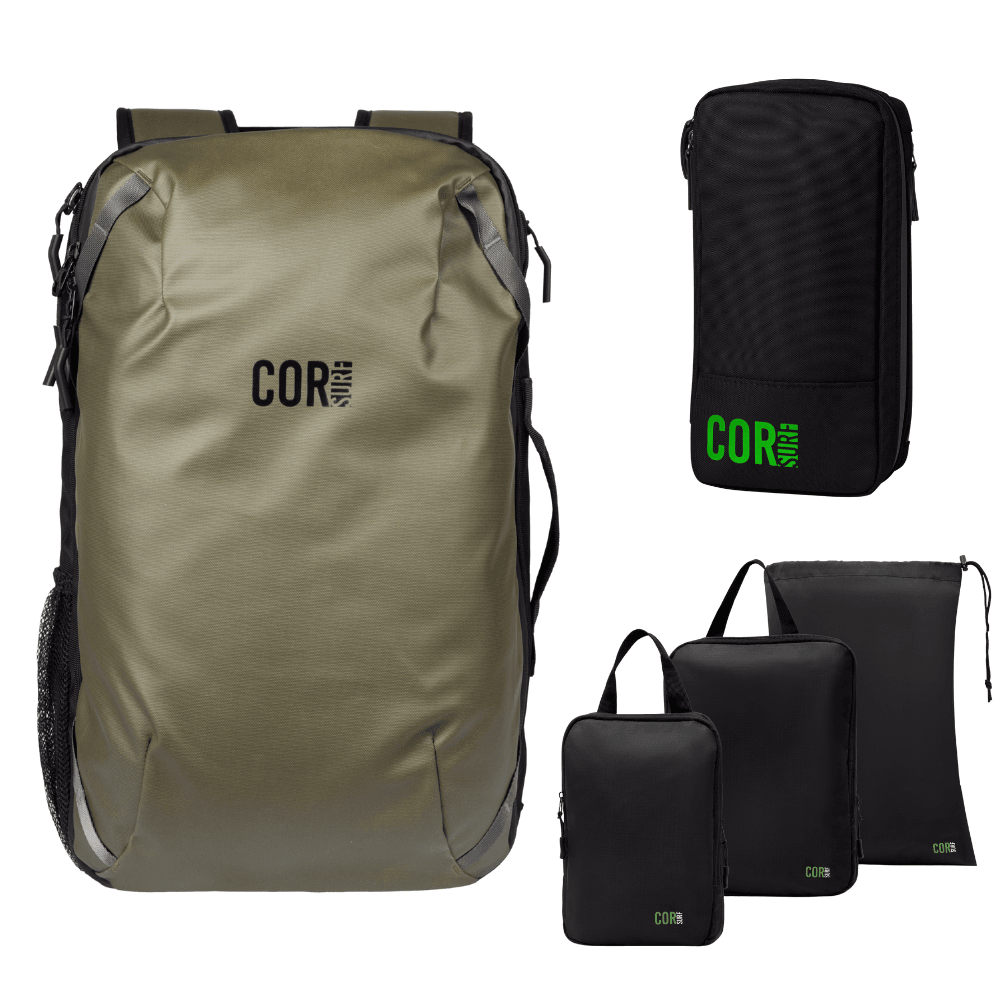 Island Hopper Travel Bundle - Backpack + Toiletry Bag + Compression Packing Cubes with YKK - One Revolver Surfboards