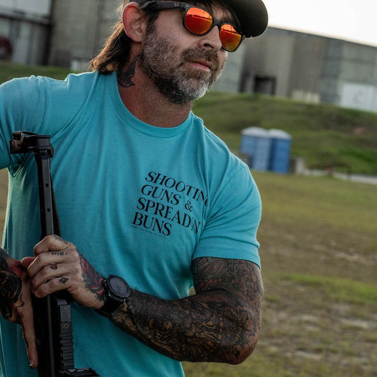Shooting Guns & Spread'n Buns Men's T-Shirt - One Revolver Surfboards