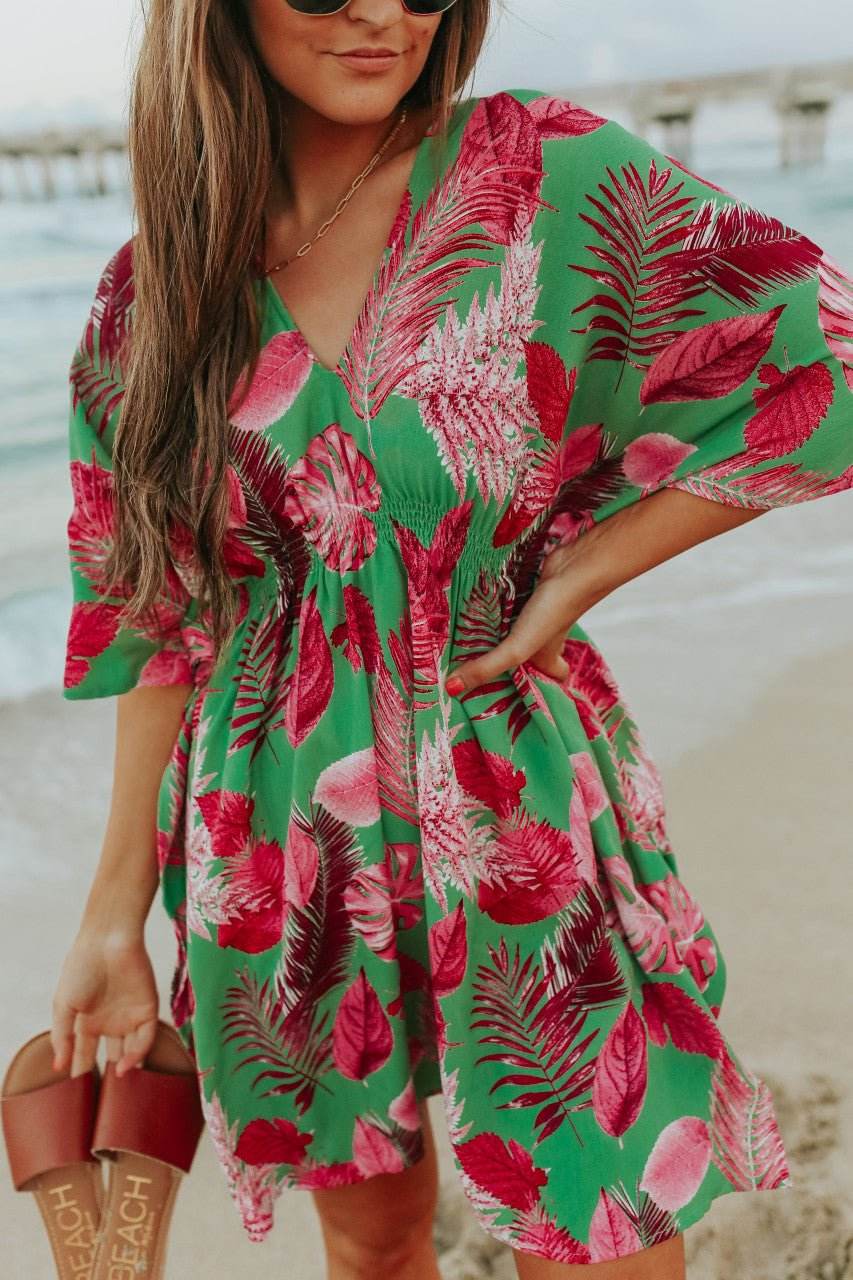 V-Neck Green/Pink Palm Empire Dress - FINAL SALE - One Revolver Surfboards