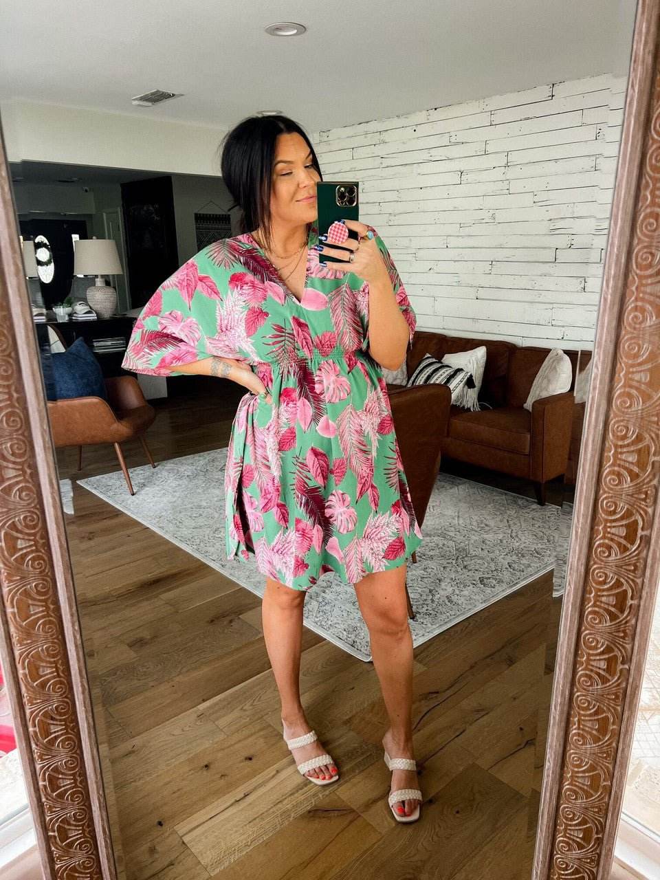 V-Neck Green/Pink Palm Empire Dress - FINAL SALE - One Revolver Surfboards