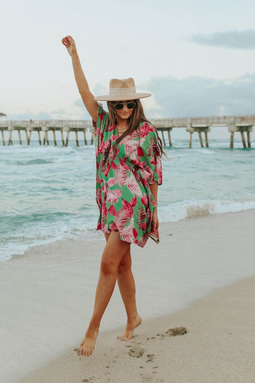 V-Neck Green/Pink Palm Empire Dress - FINAL SALE - One Revolver Surfboards