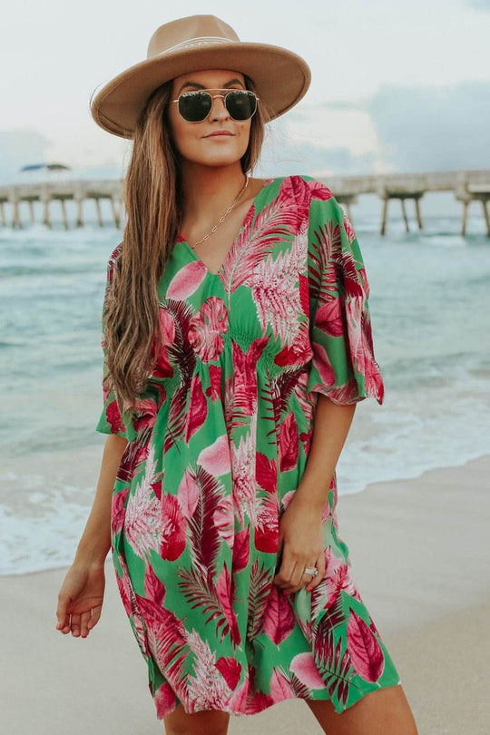 V-Neck Green/Pink Palm Empire Dress - FINAL SALE - One Revolver Surfboards