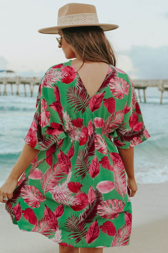 V-Neck Green/Pink Palm Empire Dress - FINAL SALE - One Revolver Surfboards