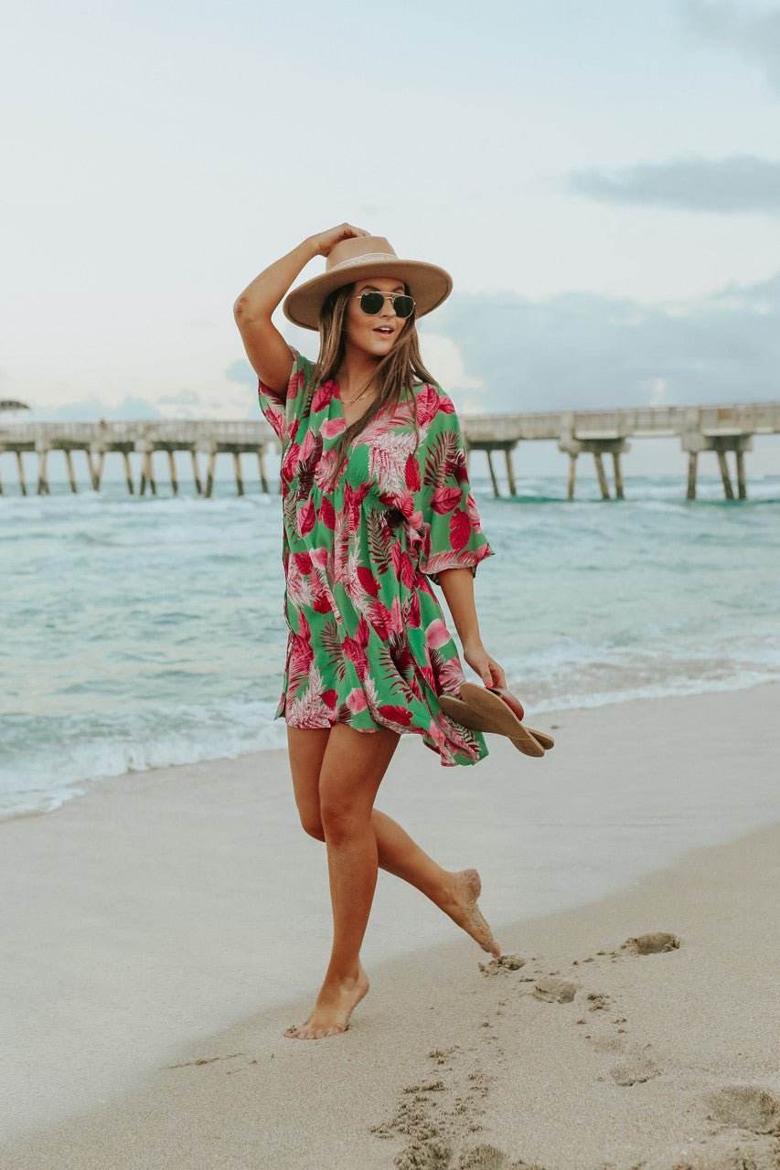 V-Neck Green/Pink Palm Empire Dress - FINAL SALE - One Revolver Surfboards