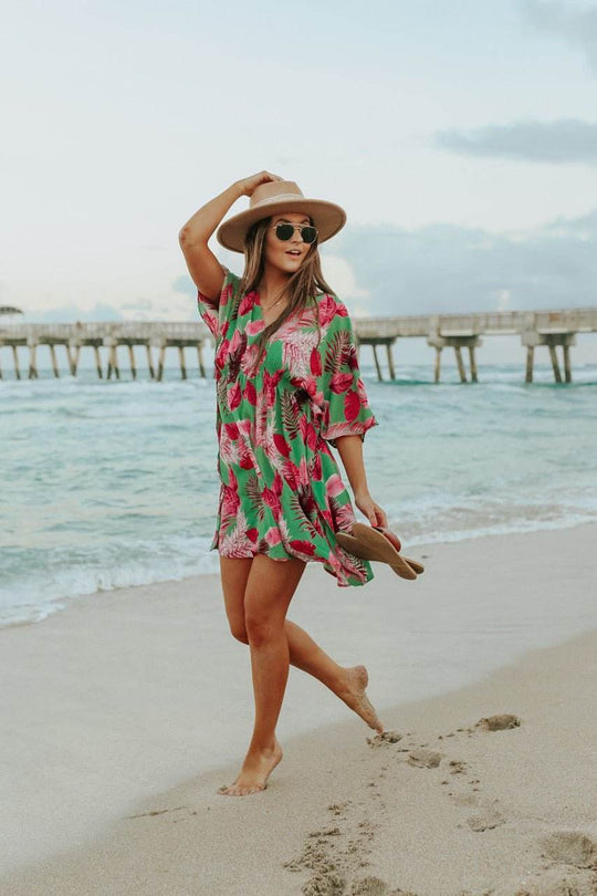 V-Neck Green/Pink Palm Empire Dress - FINAL SALE - One Revolver Surfboards