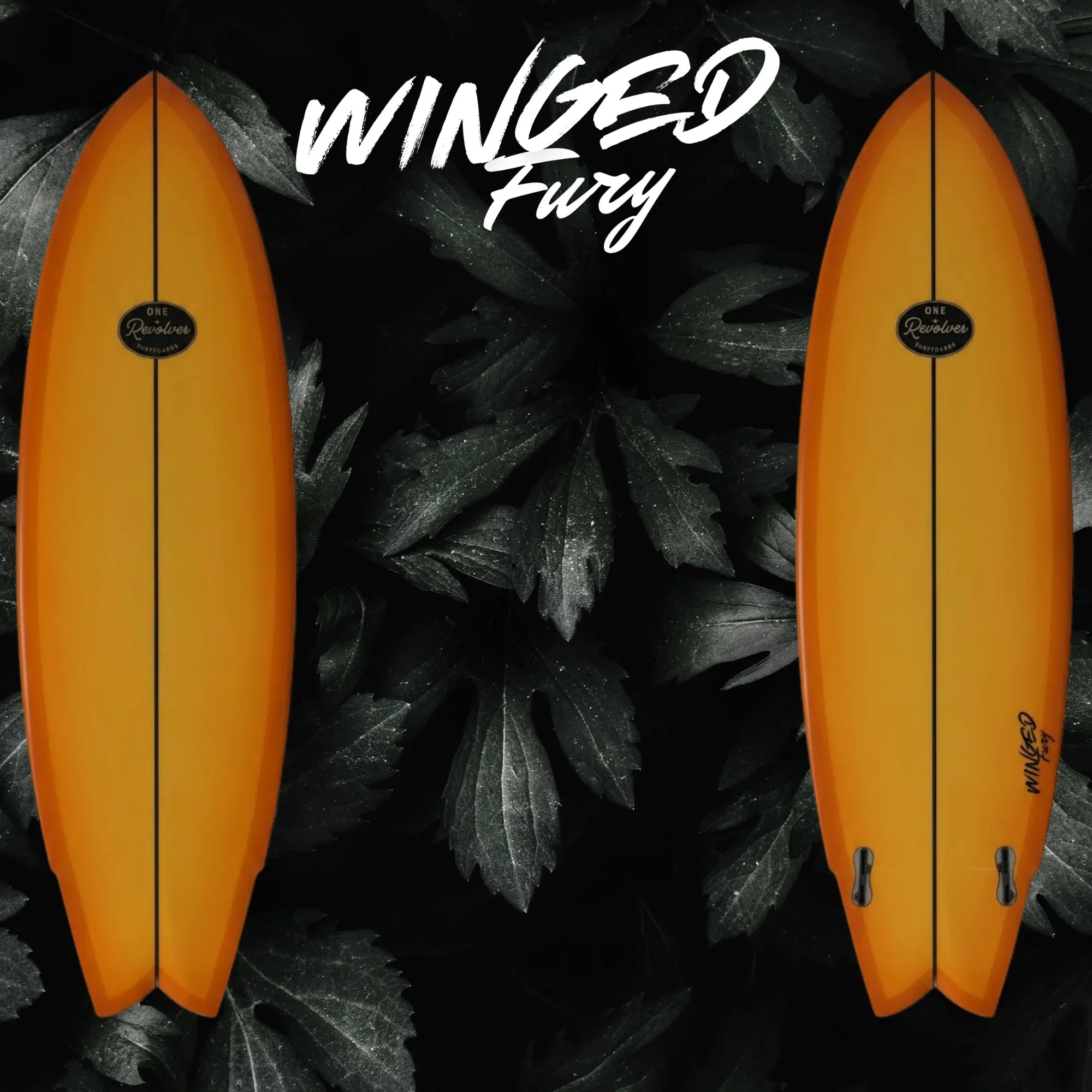 One Revolver Winged Fury, a custom fish surfboard with a winged swallow tail